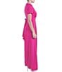 Color:Bright Pink - Image 3 - Matte Crepe V-Neck Short Sleeve Wide Leg Pleated Jumpsuit