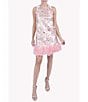 Color:Pink Multi - Image 1 - Metallic Jacquard Floral Print Sleeveless Crew Neck Tulle Hem Embellished Shift Dress