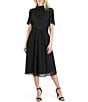 Color:Black - Image 1 - Mock Neck Short Flutter Sleeve Chiffon Midi Dress