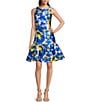 Color:Blue Multi - Image 1 - Monroe Twill Floral Print Crew Neck Sleeveless Ruffle Hem Fit and Flare Dress