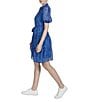 Color:Blue Multi - Image 3 - Pebble Chiffon Foil Ruffle Mock Neck Short Puff Sleeve Dress