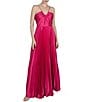 Color:Bright Rose - Image 1 - Pleated Satin Halter Neckline Sleeveless Gown