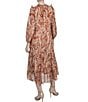 Color:Sand Multi - Image 2 - Printed Chiffon Mock Neck Long Puff Shoulder Sleeve Midi Dress