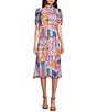 Color:Multi - Image 1 - Printed Chiffon Mock Neck Short Sleeve Blouson Midi Dress