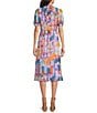 Color:Multi - Image 2 - Printed Chiffon Mock Neck Short Sleeve Blouson Midi Dress