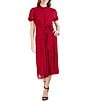 Color:Cranberry - Image 1 - Ruffled Mock Neck Short Puff Sleeve Tie Waist Midi Dress