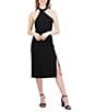 Color:Black - Image 1 - Sleeveless Asymmetric Halter Neck Crepe Midi Sheath Dress
