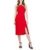 Color:Red - Image 1 - Stretch Crepe Halter Neck Sleeveless Sheath Midi Dress