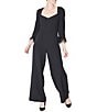 Color:Black - Image 1 - Stretch Crepe Sweetheart Neck 3/4 Sleeve Feather Trim Jumpsuit