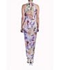 Color:Lavender Multi - Image 2 - Stretch Printed Sequin Mesh Twist Halter Neck Keyhole Back Sleeveless Faux Wrap Midi Dress
