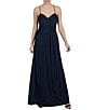Color:Navy - Image 1 - Stretch Satin Jersey Knit Sweetheart Neck Sleeveless Front Twist Drape A-Line Maxi Dress