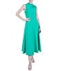 Color:Turquoise - Image 1 - Stretch Scuba Mock Neck Gathered Shoulder Sleeveless Fit and Flare Midi Dress