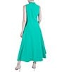 Color:Turquoise - Image 2 - Stretch Scuba Mock Neck Gathered Shoulder Sleeveless Fit and Flare Midi Dress