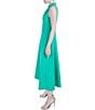 Color:Turquoise - Image 3 - Stretch Scuba Mock Neck Gathered Shoulder Sleeveless Fit and Flare Midi Dress