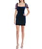 Color:Navy - Image 1 - Organza Puff Sleeves Square Neck Stretch Velvet Mini Dress