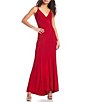 Color:Red - Image 1 - Double Spaghetti Strap V-Neck Lace-Up-Back Princess Seamed Long Stretch Jersey Dress
