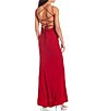 Color:Red - Image 3 - Double Spaghetti Strap V-Neck Lace-Up-Back Princess Seamed Long Stretch Jersey Dress