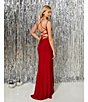 Color:Red - Image 5 - Double Spaghetti Strap V-Neck Lace-Up-Back Princess Seamed Long Stretch Jersey Dress