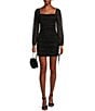 Jump Glitter Square Neck Ruched Long Sleeves With Ties At Hemline Dress, Color:Black - Image 1