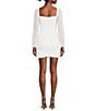 Color:White - Image 2 - Glitter Square Neck Ruched Long Sleeves with Ties at Hemline Dress