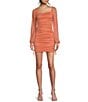 Jump Glitter Square Neck Ruched Long Sleeves With Ties At Hemline Dress, Color:Orange - Image 1