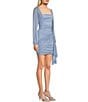 Color:Light Blue - Image 3 - Long Sleeve Square Neck Ruched Drape Detail Dress