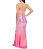 Jump Ombre Sequin Scoop Neck Lace Up Back Side Slit Slim Gown, Color:Pink - Image 2