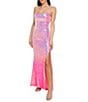 Jump Ombre Sequin Scoop Neck Lace Up Back Side Slit Slim Gown - Image 1