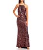 Color:Multi - Image 1 - Sleeveless High-Neck Tie-Back Illusion Mesh Sequin Long Gown