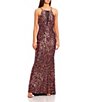 Color:Multi - Image 2 - Sleeveless High-Neck Tie-Back Illusion Mesh Sequin Long Gown