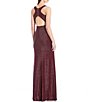 Color:Berry - Image 2 - Sleeveless Scoop Neck Cut-Out-Detail Metallic Glitter Knit Ruched Long Gown