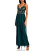 Color:Emerald - Image 1 - Spaghetti Strap V-Neck Beaded Mitered Bodice Long Dress