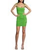 Jump Square Neck Spaghetti Tie Strap Ruched Dress, Color:Lime - Image 1