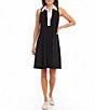 Color:Black/White - Image 1 - A-Line Point Collar Sleeveless Contrast Placket Dress
