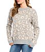 Color:Leopard - Image 3 - Animal Print Jacquard Crew Neck Long Sleeve Wide Waistband Hem Sweater