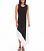 Color:Black and White - Image 1 - Asymmetrical Hem Crew Neck Sleeveless Color Block Midi Dress