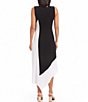 Color:Black and White - Image 2 - Asymmetrical Hem Crew Neck Sleeveless Color Block Midi Dress