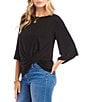 Karen Kane Boat Neck 3/4 Flare Sleeve Twist Hem Top, Color:Black - Image 3