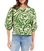 Color:Print - Image 1 - Bohemian Charm Large Tile Print Round Neck 3/4 Puff Sleeve Button-Front Top