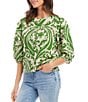 Color:Print - Image 3 - Bohemian Charm Large Tile Print Round Neck 3/4 Puff Sleeve Button-Front Top