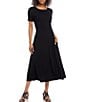 Color:Black - Image 1 - Cinched Waist Round Neck Short Sleeve Pocketed Artisan Midi Dress