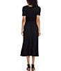 Color:Black - Image 2 - Cinched Waist Round Neck Short Sleeve Pocketed Artisan Midi Dress