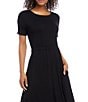 Color:Black - Image 3 - Cinched Waist Round Neck Short Sleeve Pocketed Artisan Midi Dress