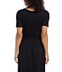 Color:Black - Image 4 - Cinched Waist Round Neck Short Sleeve Pocketed Artisan Midi Dress