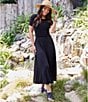 Color:Black - Image 5 - Cinched Waist Round Neck Short Sleeve Pocketed Artisan Midi Dress