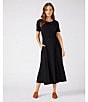 Color:Black - Image 6 - Cinched Waist Round Neck Short Sleeve Pocketed Artisan Midi Dress
