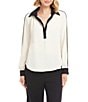 Karen Kane Colorblock Edge Stitch Split Collar Long Sleeve Blouse, Color:Cream/Black - Image 1