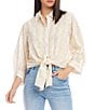 Color:Daisy - Image 1 - Contrast Embroidered Eyelet 3/4 Blouson Sleeve Button Down Tie-Front Top
