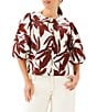 Karen Kane Coordinating Coco Bloom Stretch Woven Scoop Neck Short Puff Sleeve Button Front Shirt - Image 1