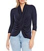 Color:Navy - Image 1 - Cowl Neck 3/4 Sleeve Crossover Knit Top